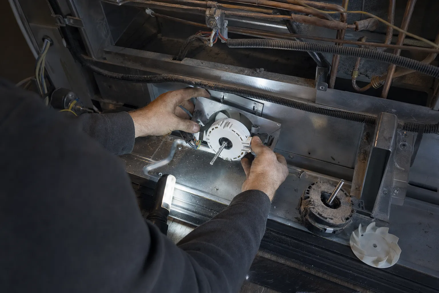 Hands seating a new condenser fan motor inside a machine compartment, the old dust-caked motor and blade set aside