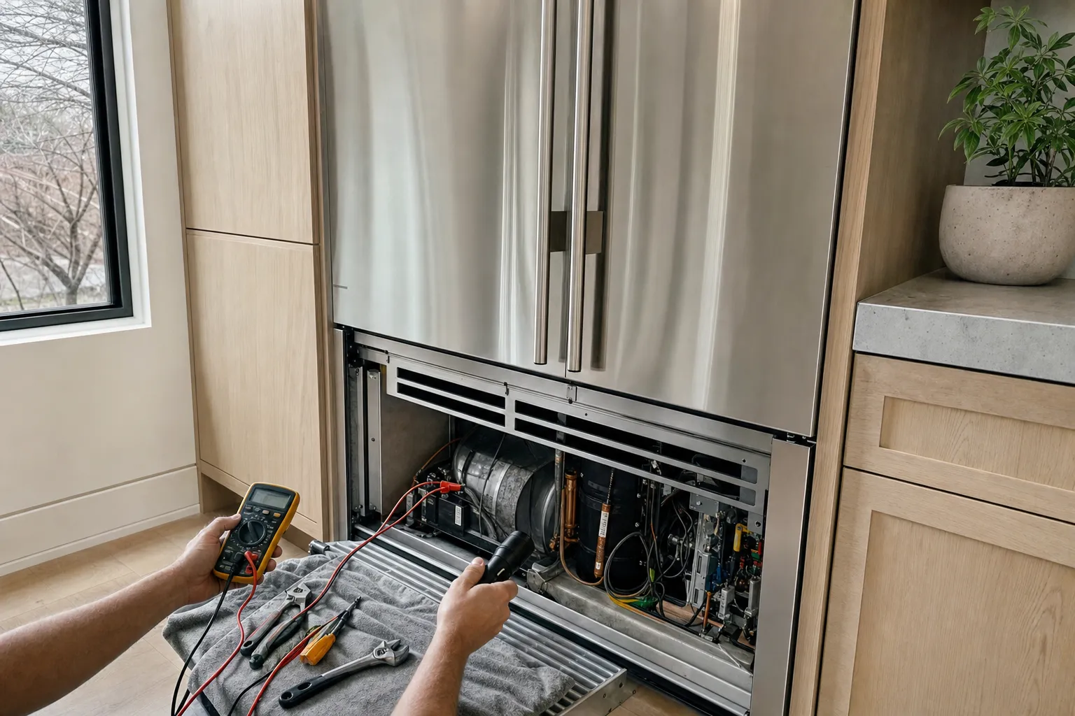Stainless French-door built-in in pale wood cabinetry with its base grille off, hands holding a meter and a flashlight at the machine compartment
